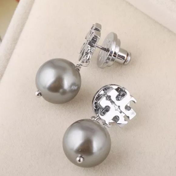Tory Burch Silver Drop Pearl Logo Earrings - Picture 3 of 4